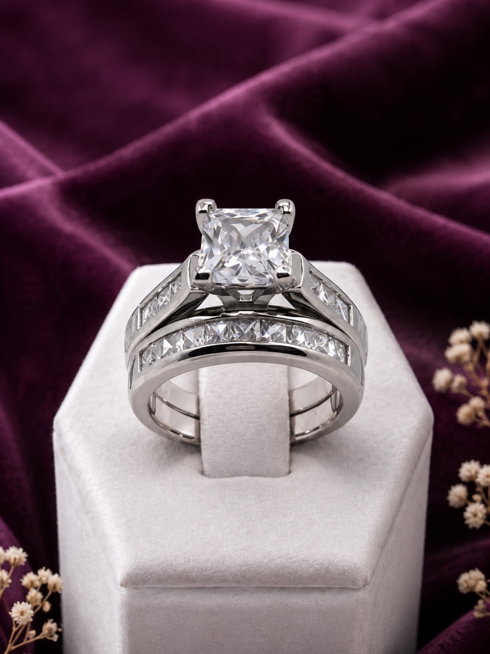 Princess Cut Silver Engagement Ring Set with Clear Stones - Silver